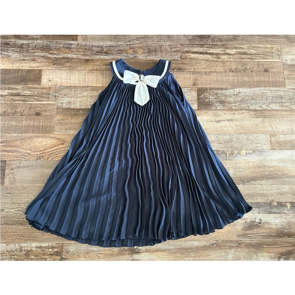 LN EUC LITTLE LADY Navy Pleated Chic Formal Dress Bow Cameo 128 8 Jacadi